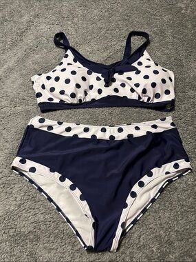 Navy and White Polka Dot Two-Piece Swimsuit Silky Bathing Swimming Size XXL
